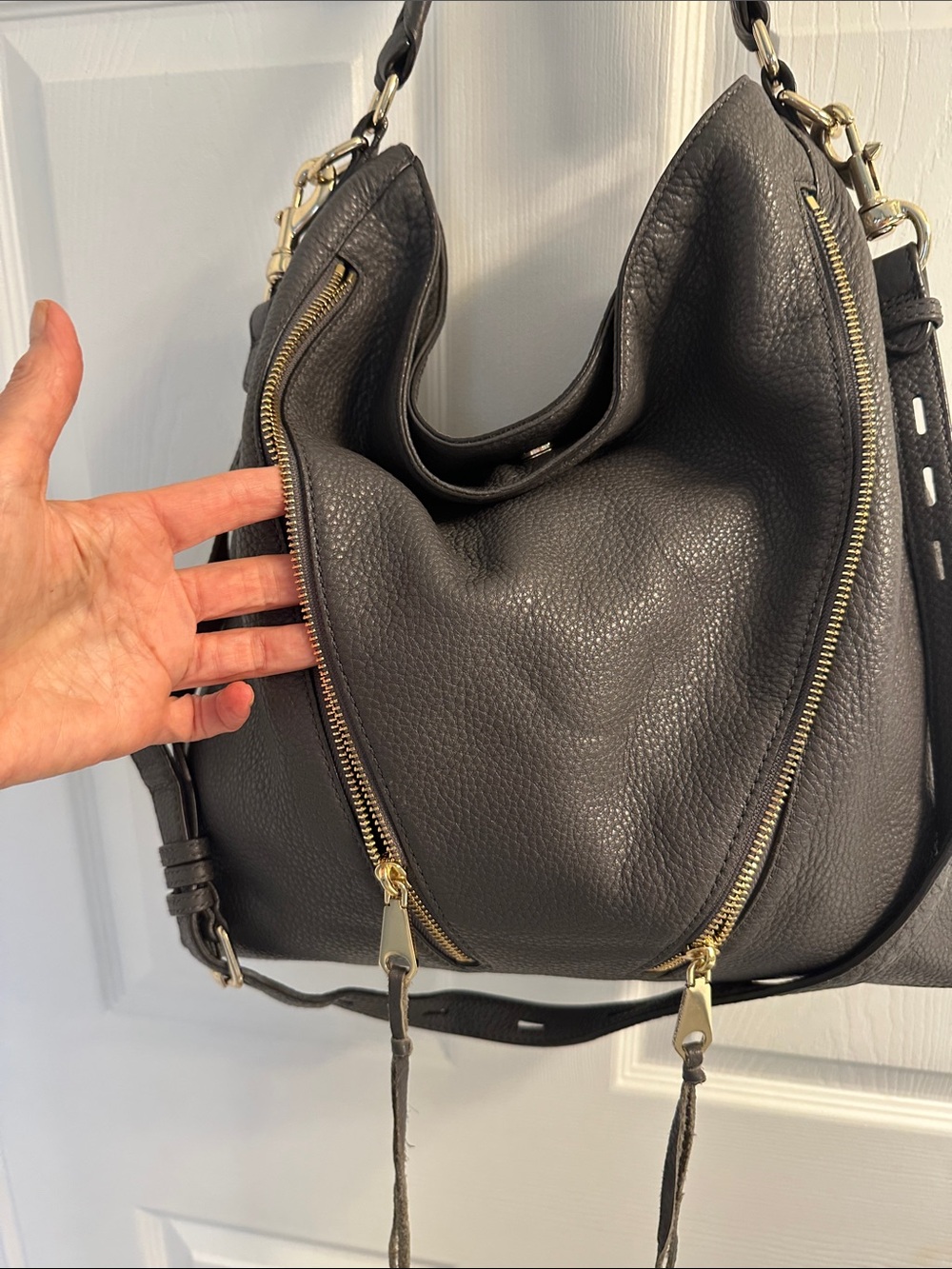 Rebecca Minkoff Moto Hobo Leather Shoulder Bag Dark Gray Gold Hardware - Picture 4 of 16